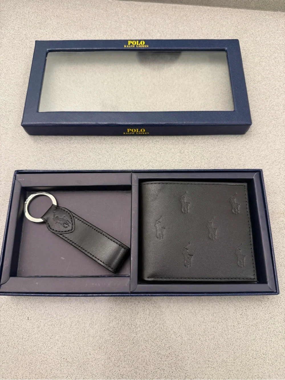 Polo by Ralph Lauren Black Embossed Leather Wallet with Key Ring Set